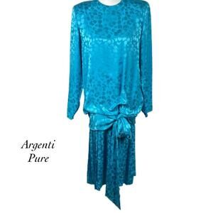 Vintage Argenti Pure Blue Flower Embossed Bow Gather Blouson Waist Dress Size 8